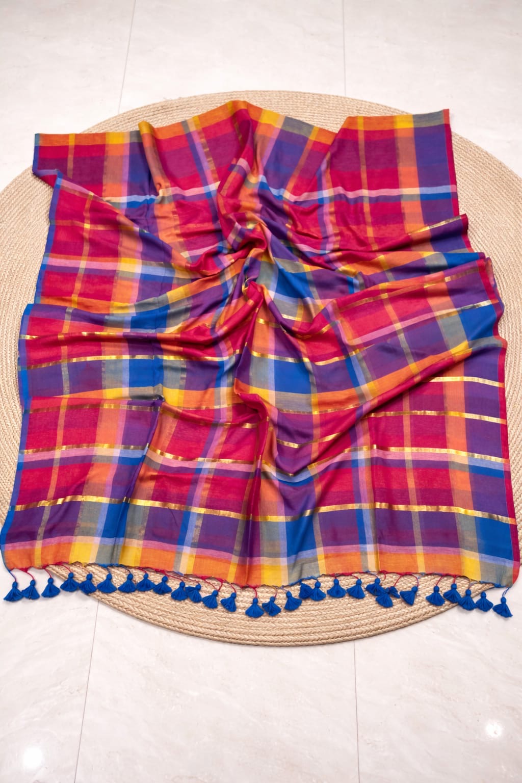 Rainbow Motif Mul Jamdani Saree with Vibrant Stripes and Metallic Accents - Mul cotton