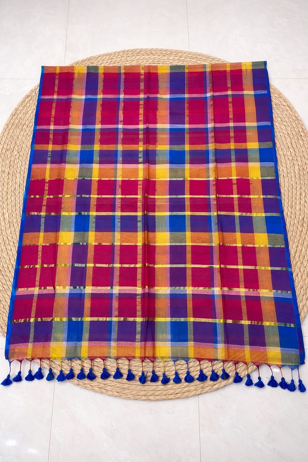 Rainbow Motif Mul Jamdani Saree with Vibrant Stripes and Metallic Accents - Black red - Mul cotton