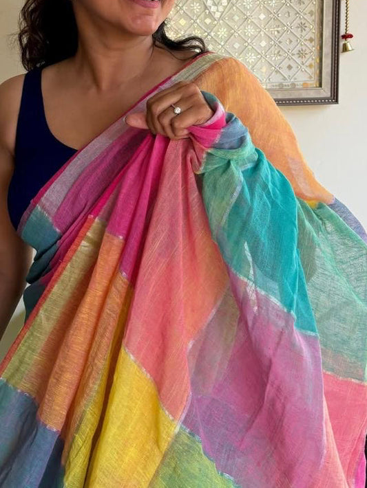 Rainbow Motif Mul Jamdani Saree with Vibrant Stripes and Metallic Accents - Rainbow - Mul cotton