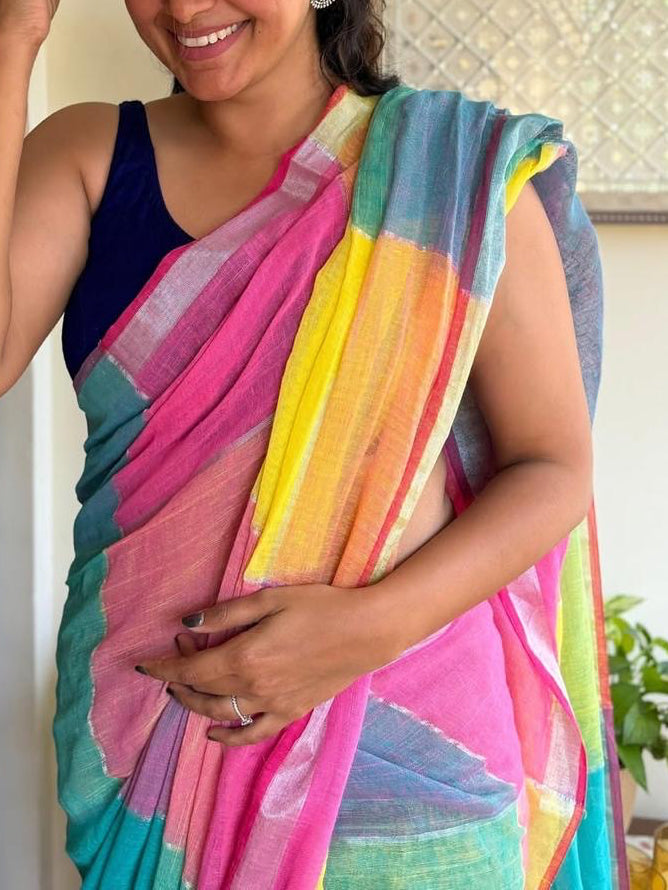 Rainbow Motif Mul Jamdani Saree with Vibrant Stripes and Metallic Accents - Mul cotton