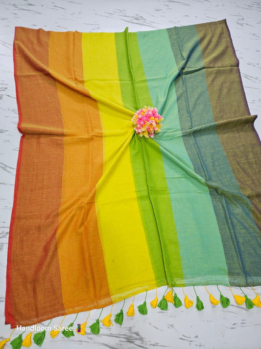 Rainbow mul cotton saree without blouse piece