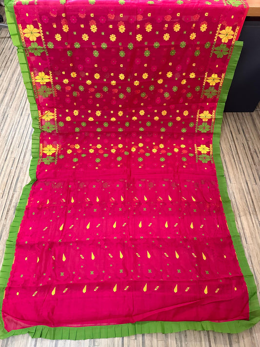 Rani coloured Handwoven soft Resham Dhakai Jamdani