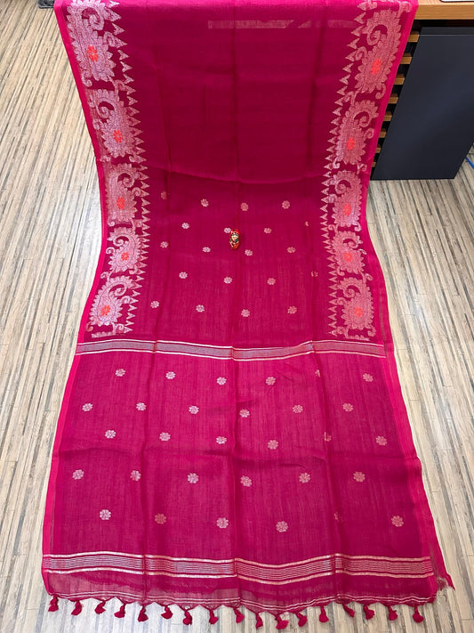 Rani coloured kolka linen jamdani saree - Linen Saree