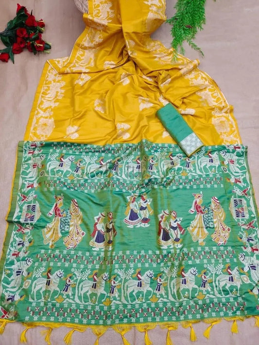 Raw silk in dual tone and ancient figure motif - Yellow Soft
