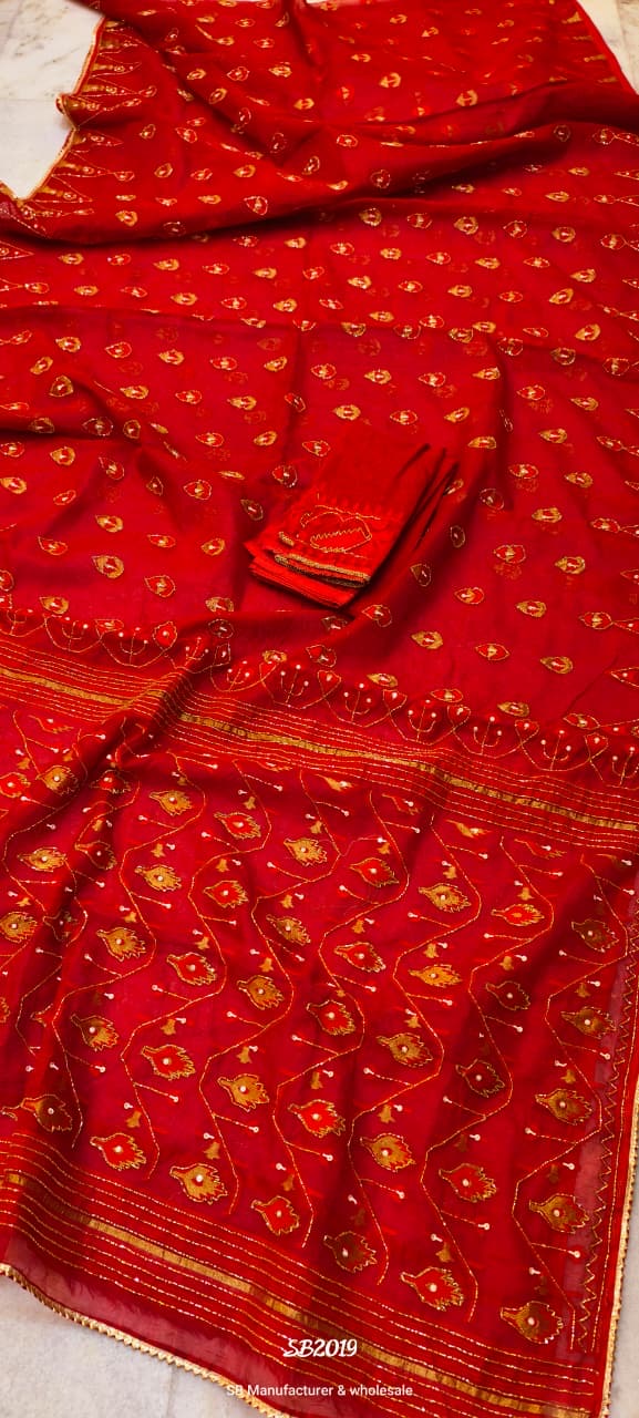 Red jamdani Saree with Gold Karchupi Work and Intricate Embroidery