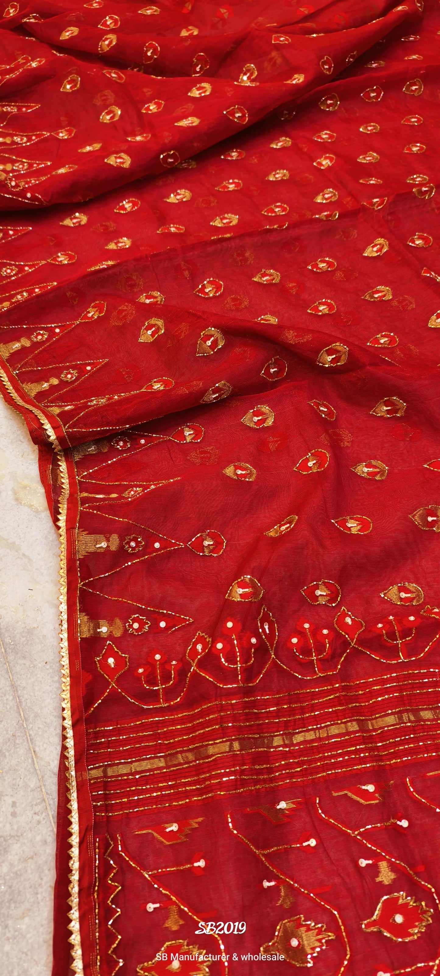 Red jamdani Saree with Gold Karchupi Work and Intricate Embroidery