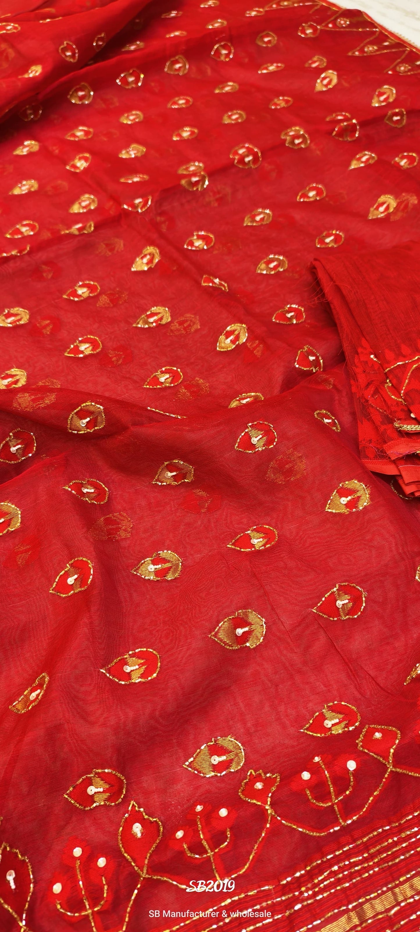 Red jamdani Saree with Gold Karchupi Work and Intricate Embroidery