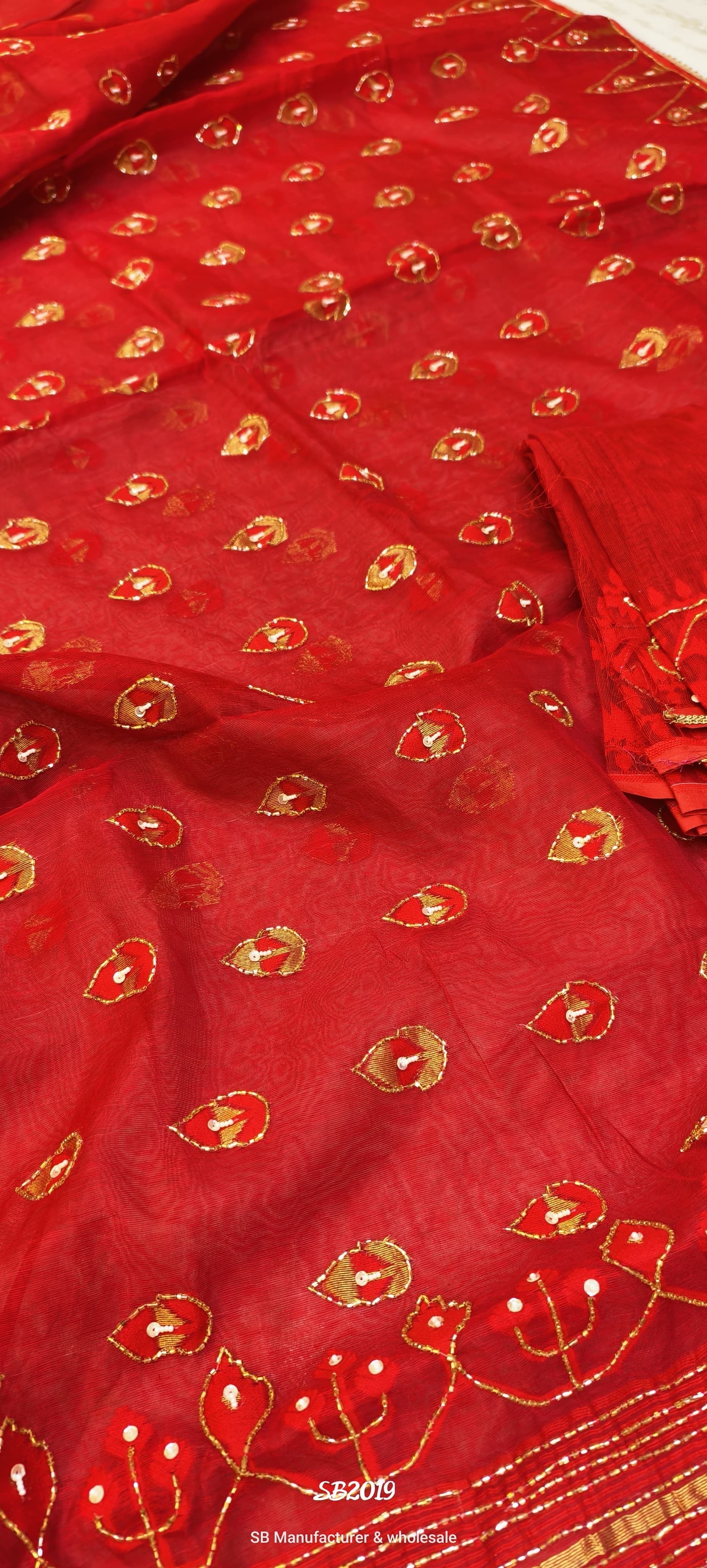 Red jamdani Saree with Gold Karchupi Work and Intricate Embroidery