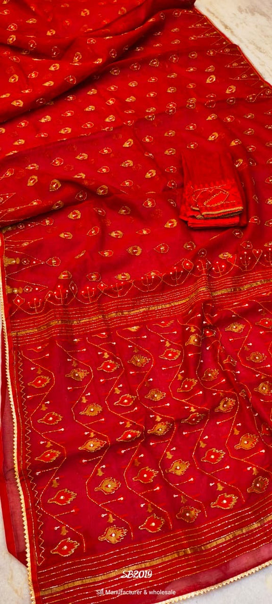 Red jamdani Saree with Gold Karchupi Work and Intricate Embroidery