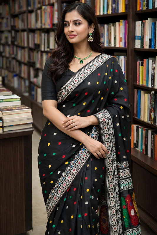 Revival baluchori silk saree A heritage collection of Bengal - Black - Baluchori