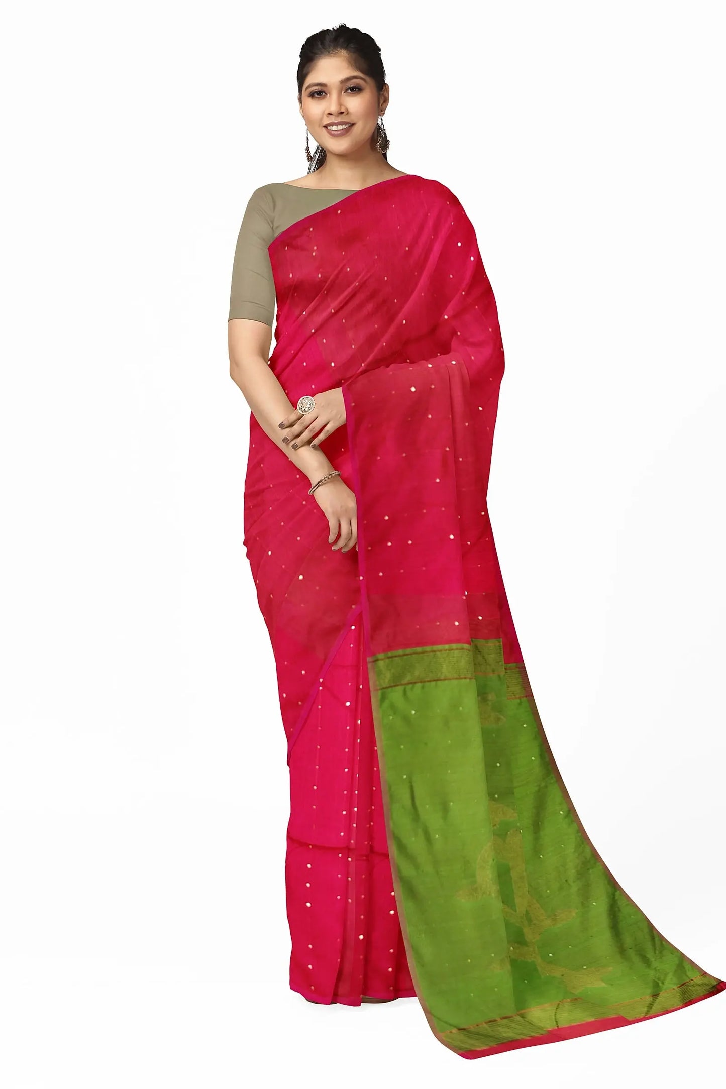 sequence Jamdani saree red green Putul's fashion