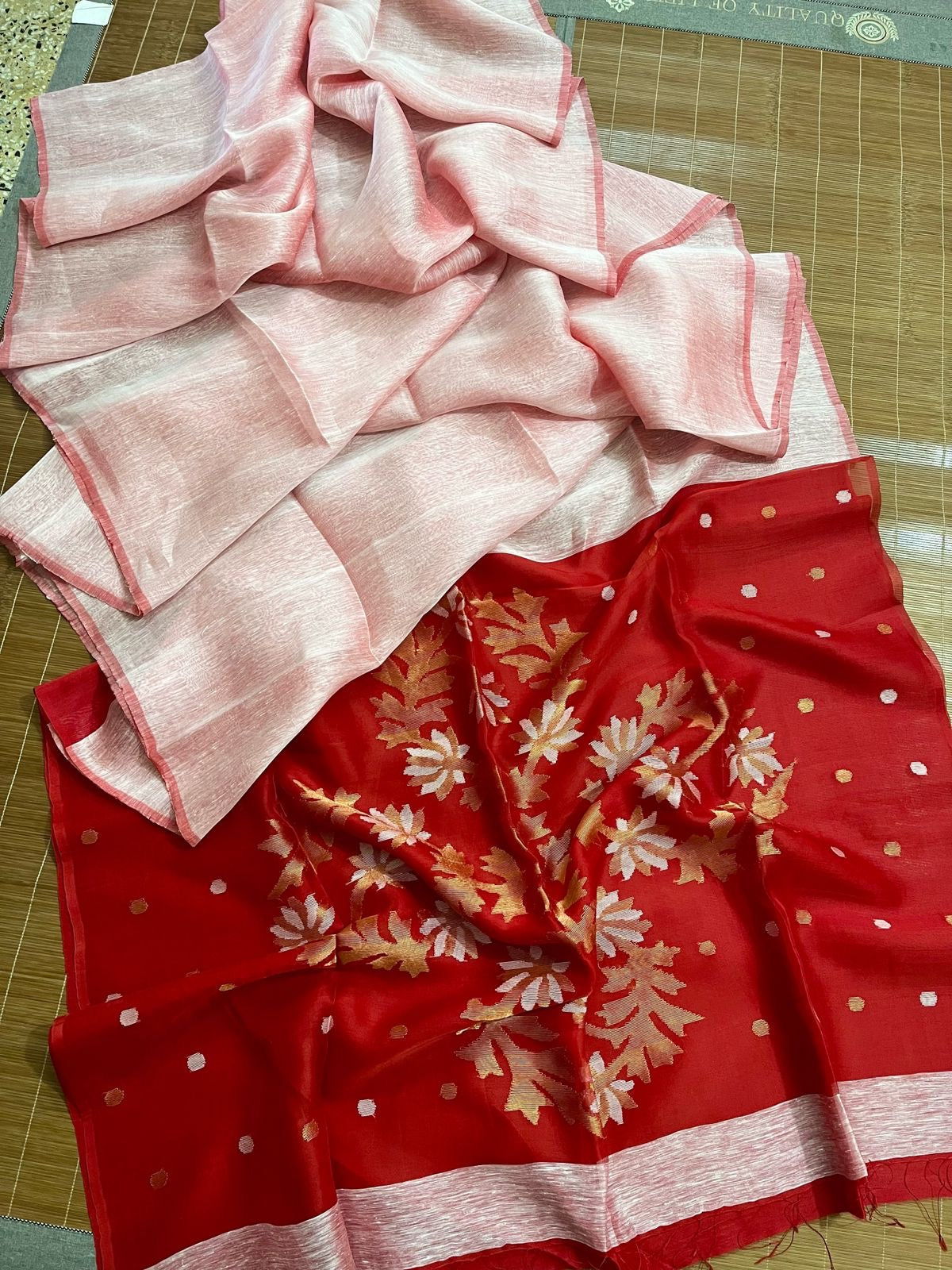 Silk linen rashom pallu jamdani saree - Beige