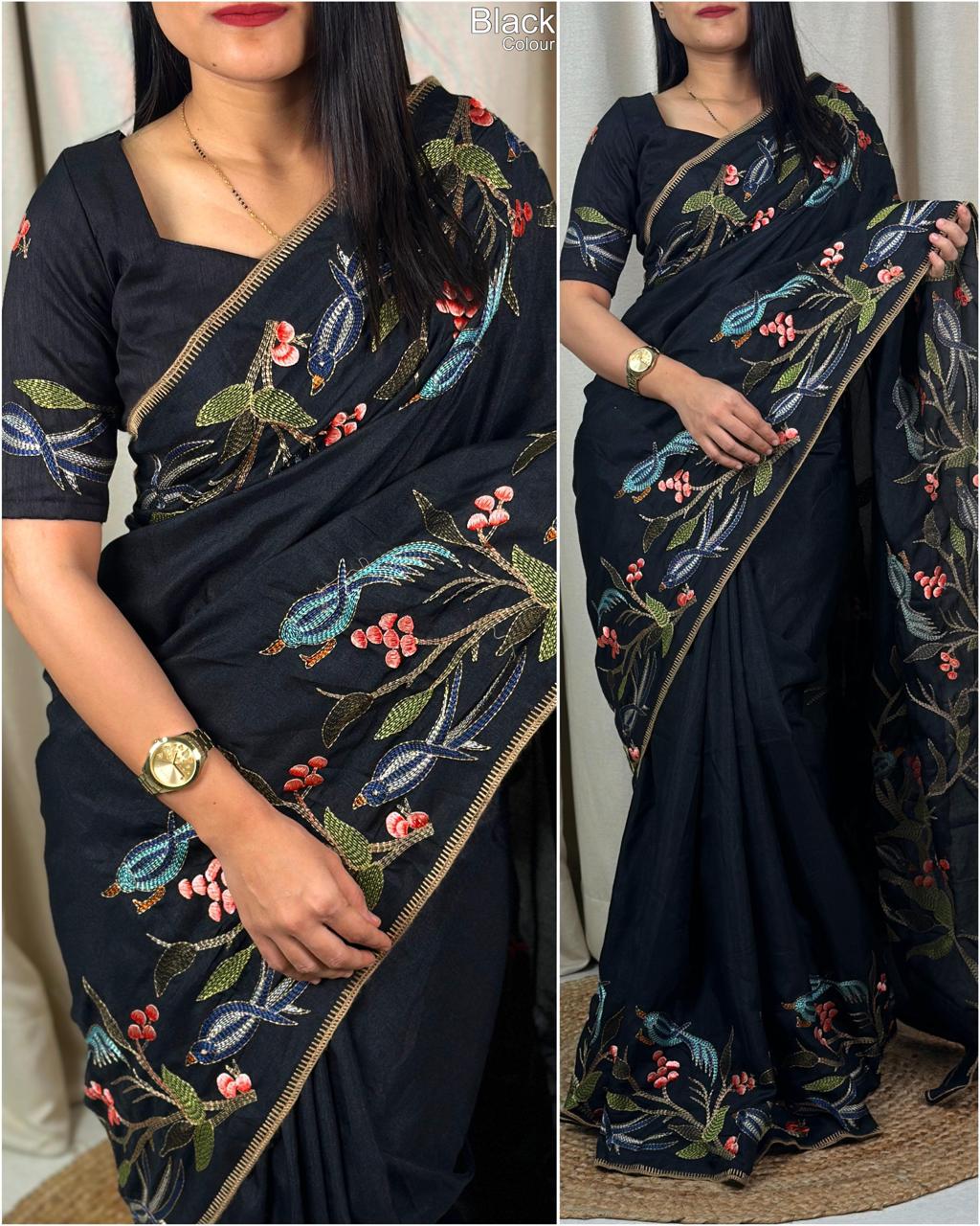 Thread embroidery on soft silk - Black - Soft silk