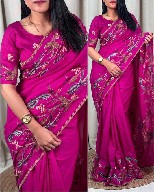 Thread embroidery on soft silk - Rani - Soft silk