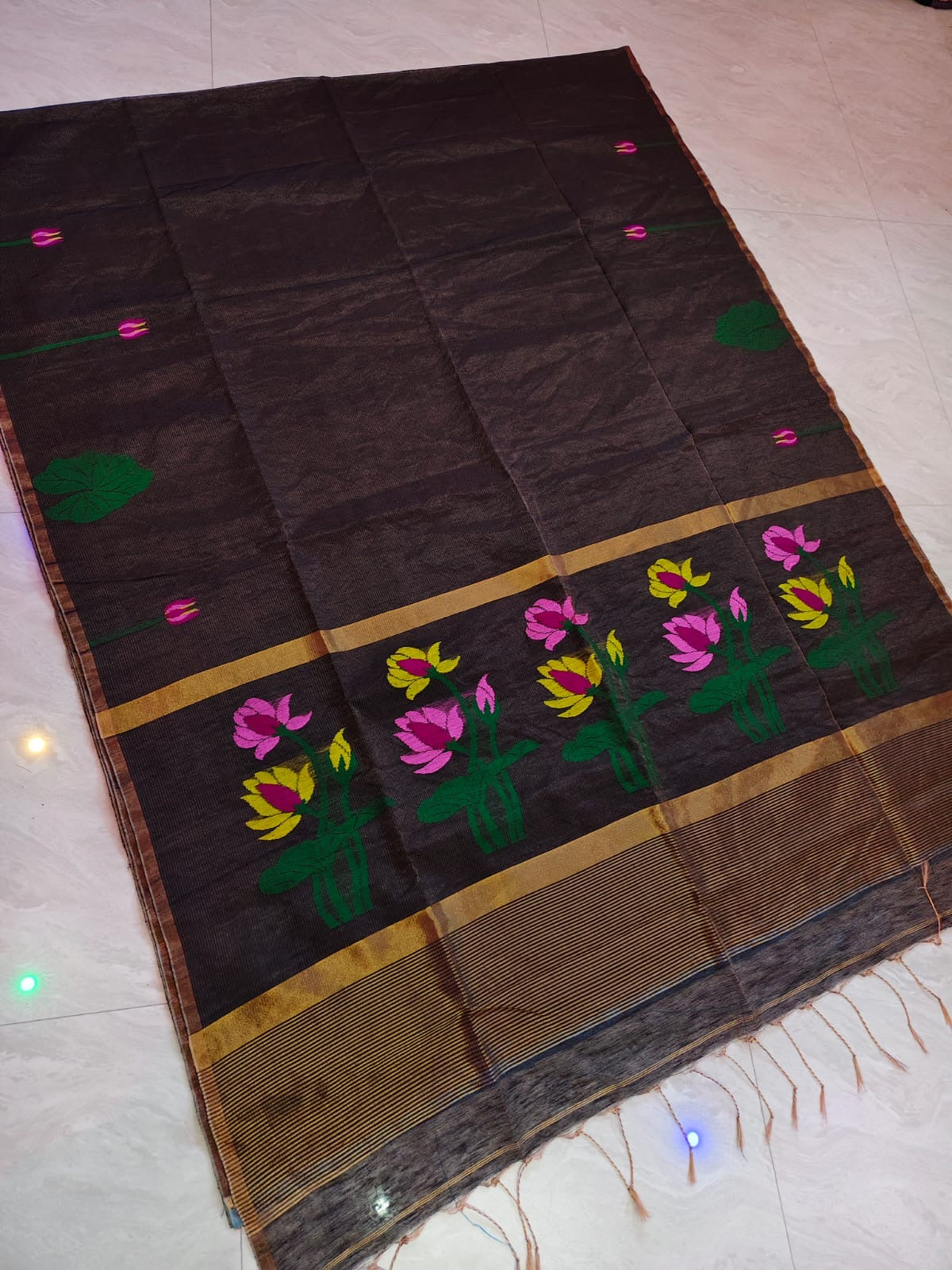 Tissue linen jamdani saree - Chocolate - Linen Saree