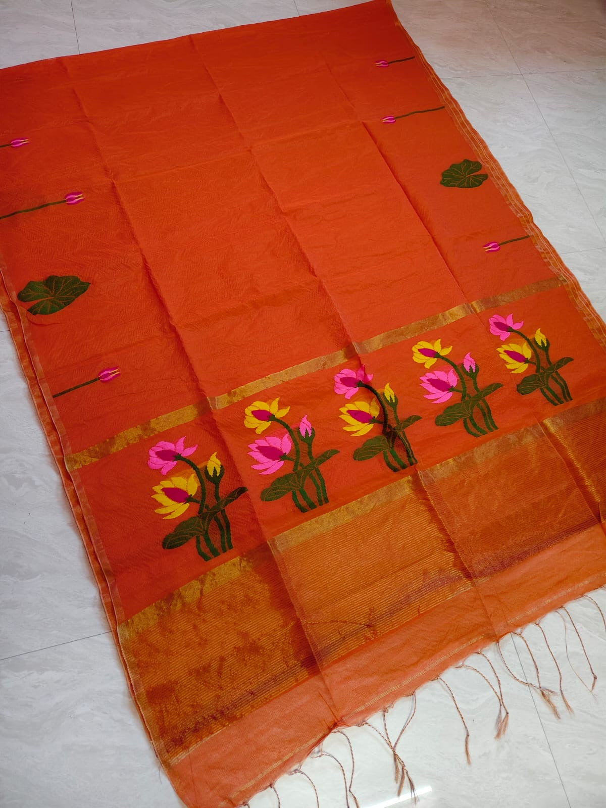 Tissue linen jamdani saree - Orange - Linen Saree