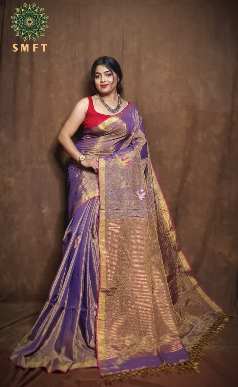 Tissue linen saree lotus motif - Purple - Linen Saree