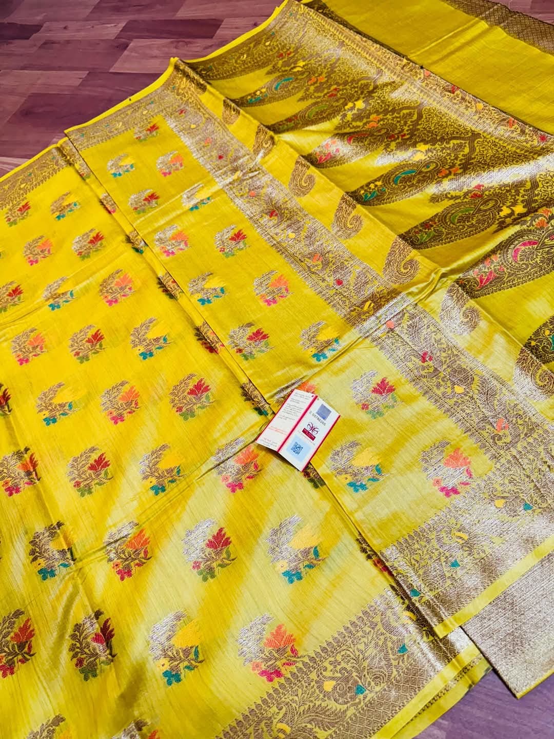 Tussar Muga Banarasi silk saree weaving work on saree silk mark - Yellow - Tussar saree