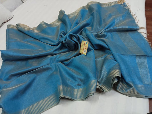 Tussar tissue saree silk mark certified - Blue - Tussar saree