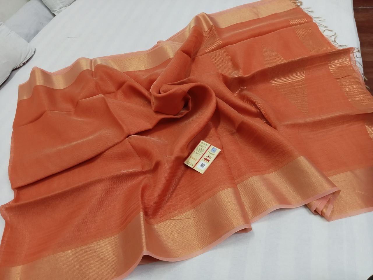 Tussar tissue saree silk mark certified - Orange - Tussar saree