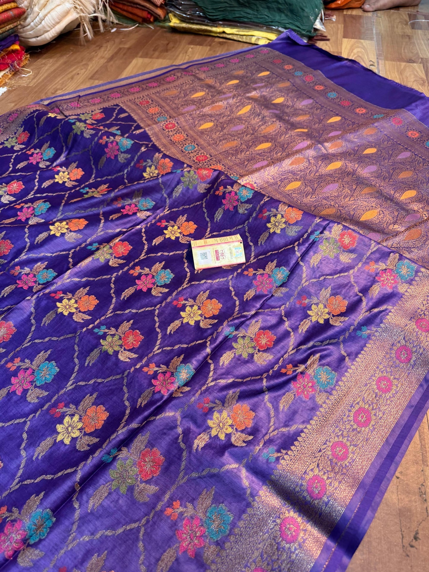 Vibrant Banarasi Silk Sarees with Floral and Paisley Embroidery - Violet - muga banarasi