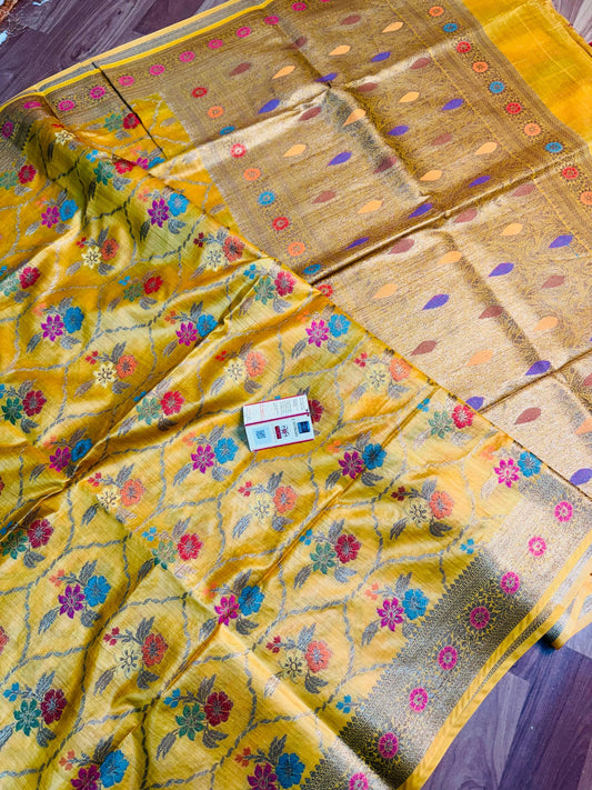 Vibrant Banarasi Silk Sarees with Floral and Paisley Embroidery - Yellow - muga banarasi