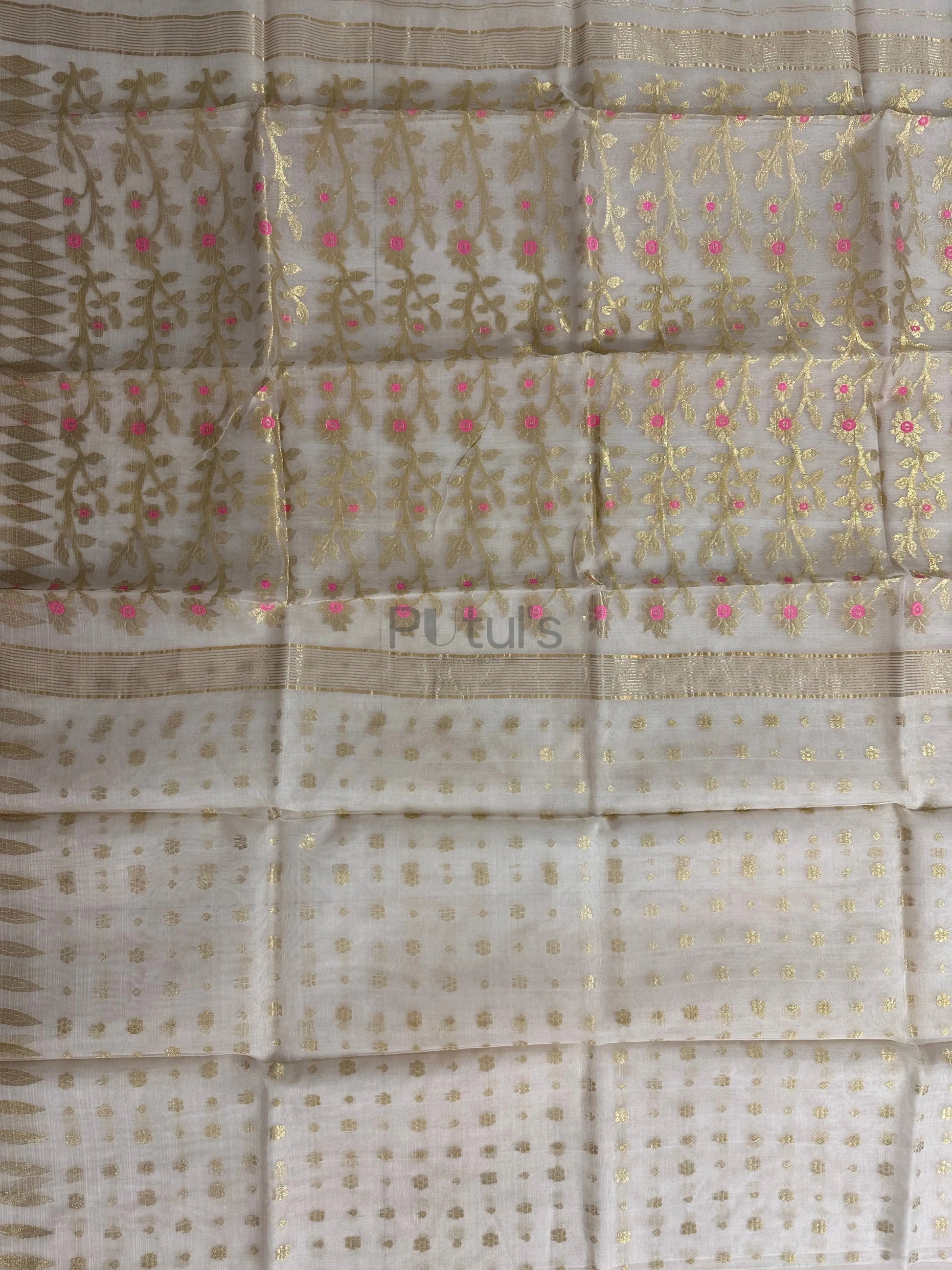 white coloured Muslin saree with pink minakari Putul's Fashion