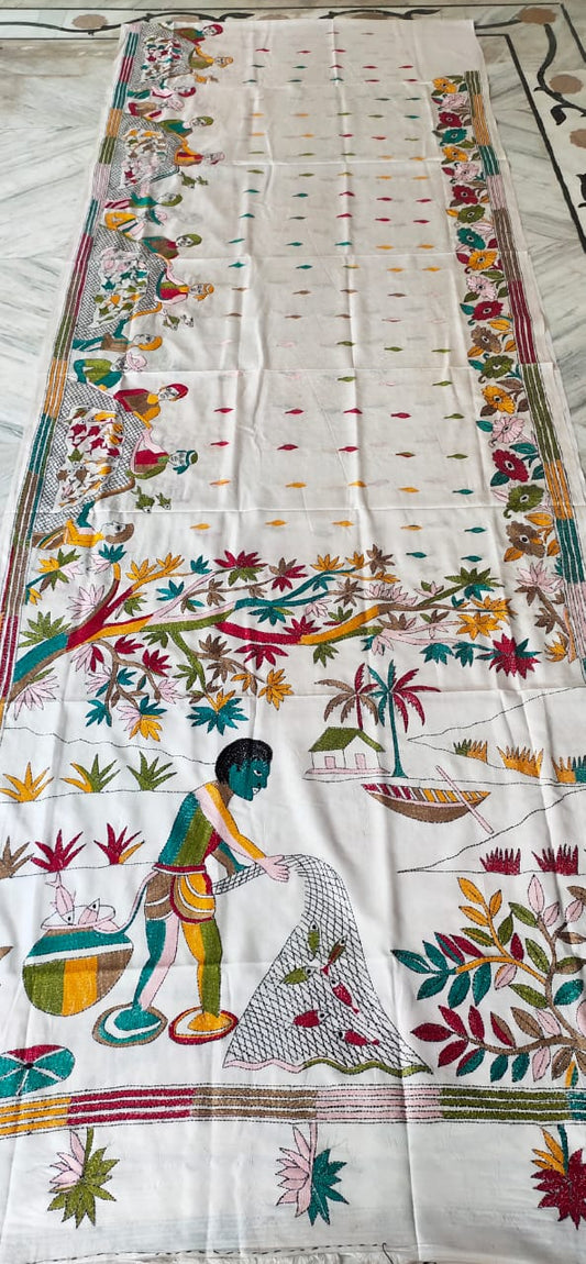 White hand made kantha stitch on blended Bangalore silk