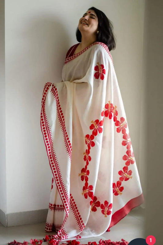 White red block print cotton saree Puja special - cotton