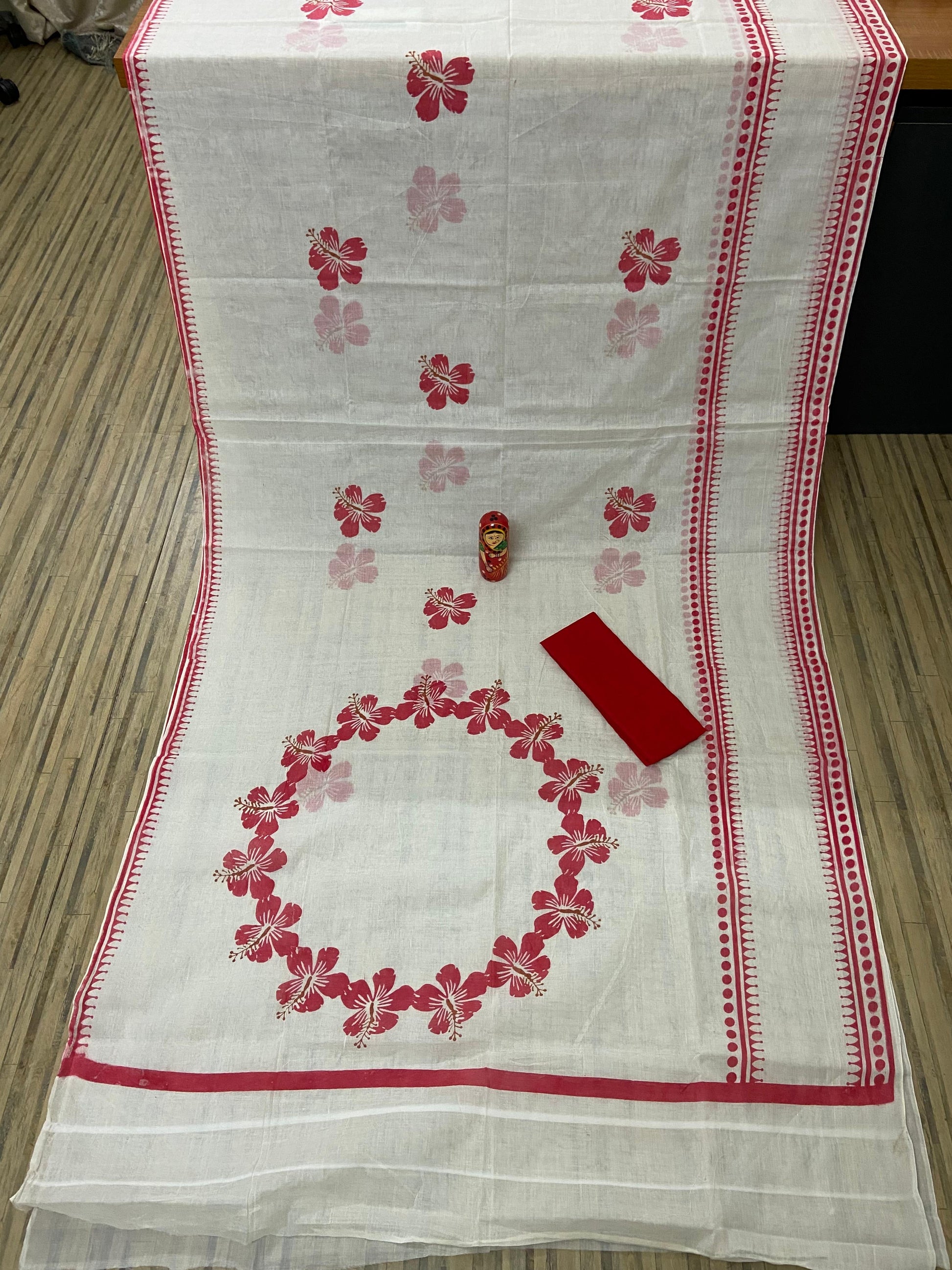 White red block print cotton saree Puja special - cotton